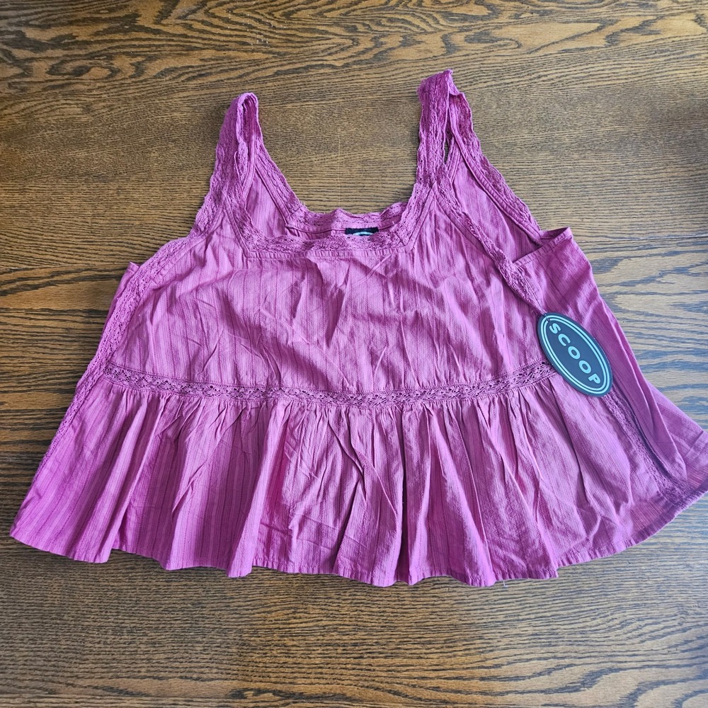 Scoop Peplum Tank Top Women Medium Pink Excellent Lace Trim Cotton Boho Ruffle